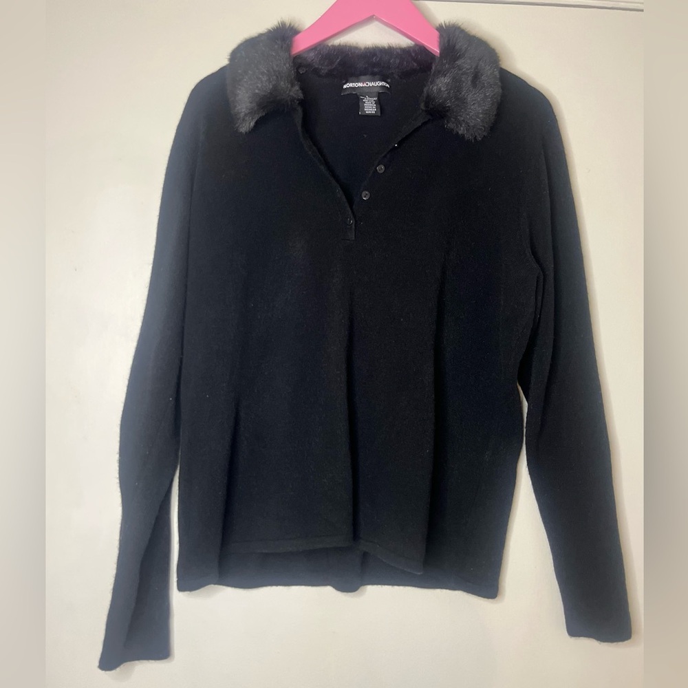 Vintage 90s Black Polo Pullover Sweater Top Faux Fur Collar Norton Mcnaughton